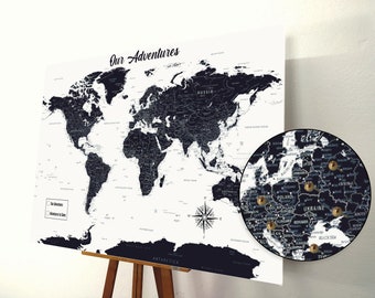 Carte du monde à épingles, carte à épingles, tableau à épingles de carte du monde, carte du monde en liège, carte graphique, cadeau personnalisé, noir et blanc