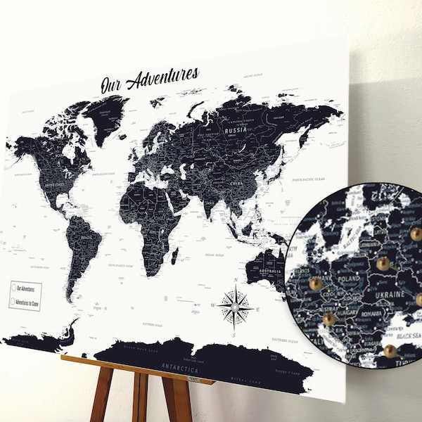 Push Pin World Map, Push Pin Map, World Map Pin board, Cork World Map, Weltkarte, Personalized Gift, Black and White