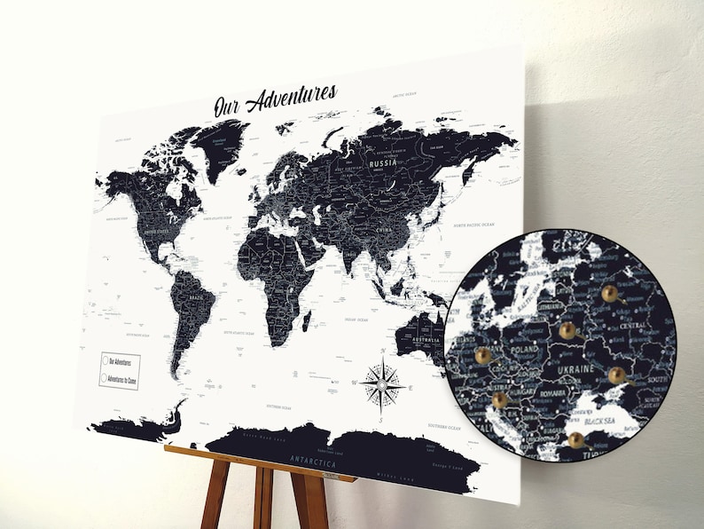 Push Pin World Map, Push Pin Map, World Map Pin board, Cork World Map, Weltkarte, Personalized Gift, Black and White image 1