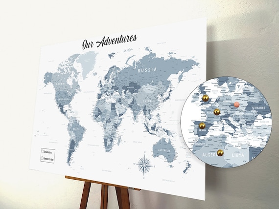 Push Pin World Map, Push Pin Map, World Map Pin Board, Cork World Map,  Weltkarte, Personalized Gift, Detailed Names, Grey, Blue 