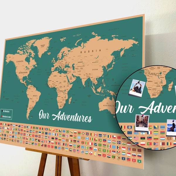 World Map Push Pin, Push Pin Map, World Map Pin board, Cork World Map , Weltkarte, Personalized Gift, World Flags, Detailed, XL
