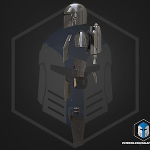 May include: A detailed, silver-colored Mandalorian helmet and armor set, with a dark blue undersuit. The armor includes a jetpack and various other attachments. The image is set against a dark background with a hexagonal outline.