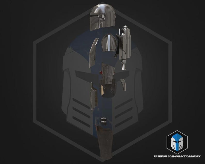 May include: A detailed, silver-colored Mandalorian helmet and armor set, with a dark blue undersuit. The armor includes a jetpack and various other attachments. The image is set against a dark background with a hexagonal outline.