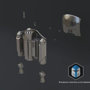 May include: A disassembled, metallic jetpack with various components, including a central unit, side cylinders, and a curved back plate. Several screws and smaller parts are scattered around the main structure. The image includes a logo with the text "PATREON.COM/GALACTICARMORY".