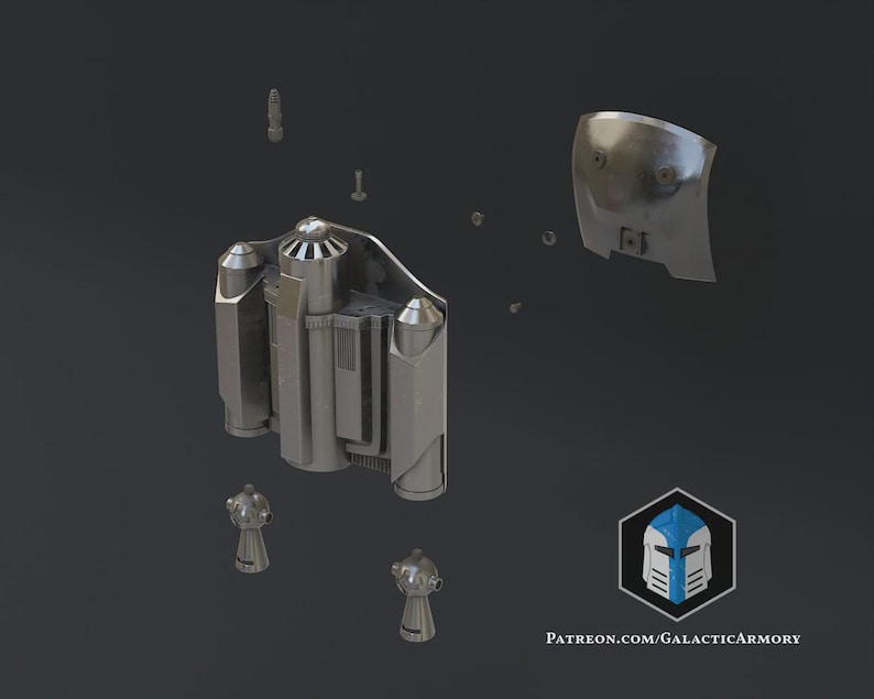 May include: A disassembled, metallic jetpack with various components, including a central unit, side cylinders, and a curved back plate. Several screws and smaller parts are scattered around the main structure. The image includes a logo with the text "PATREON.COM/GALACTICARMORY".