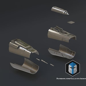 May include: An exploded view of a metallic, futuristic arm guard, with various components separated. The design includes a cylindrical projectile, a small square component, and several curved, segmented pieces. The image has a dark background and a logo in the bottom right corner.