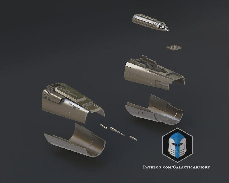 May include: An exploded view of a metallic, futuristic arm guard, with various components separated. The design includes a cylindrical projectile, a small square component, and several curved, segmented pieces. The image has a dark background and a logo in the bottom right corner.