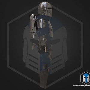 May include: A silver and blue Mandalorian armor set, including a helmet, chest plate, and gauntlets. The armor is set against a dark background with a geometric design and the text "PATREON.COM/GALACTICARMORY".