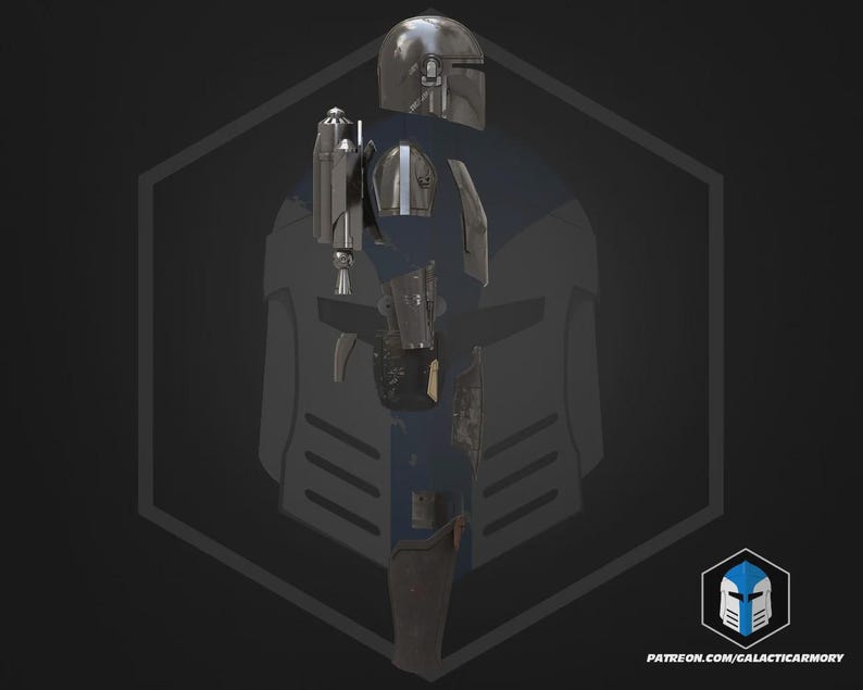 May include: A silver and blue Mandalorian armor set, including a helmet, chest plate, and gauntlets. The armor is set against a dark background with a geometric design and the text "PATREON.COM/GALACTICARMORY".