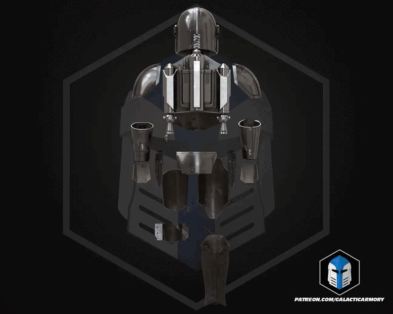 May include: A detailed illustration of a futuristic, dark gray and silver armor set, including a helmet, chest piece, and various protective components. The design features a sleek, metallic aesthetic with blue accents. The image includes the text "PATREON.COM/GALACTICARMORY".