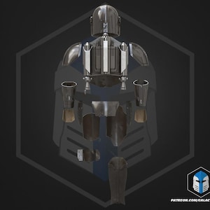 May include: A disassembled Mandalorian armor set, featuring a helmet, chest plate, shoulder pads, and leg armor. The armor is primarily metallic silver with blue and black accents. The image includes a logo and website address in the bottom right corner.