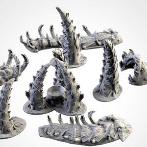 May include: A collection of grey, unpainted resin miniature terrain pieces featuring organic, tentacle-like structures with spiked protrusions, segmented rib-like formations, and textured, cratered surfaces designed for tabletop gaming.
