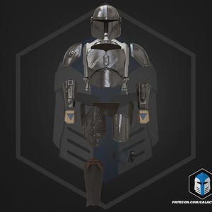 May include: A detailed, metallic Mandalorian armor set, including a helmet, chest plate, shoulder pads, gauntlets, and leg armor. The armor is silver with blue and gold accents, set against a dark gray background. The image includes a logo and website address.