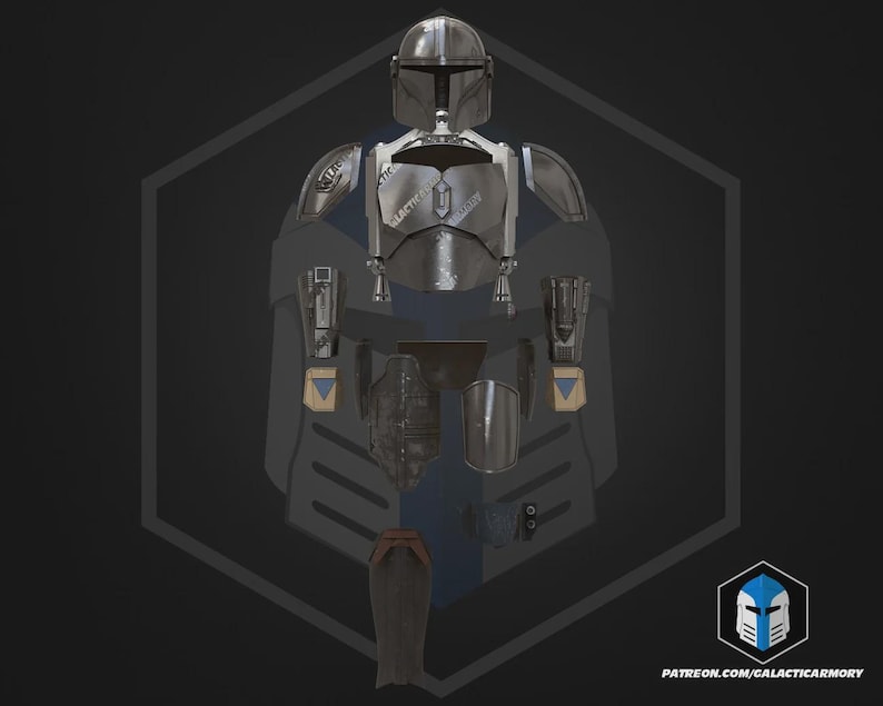 May include: A detailed, metallic Mandalorian armor set, including a helmet, chest plate, shoulder pads, gauntlets, and leg armor. The armor is silver with blue and gold accents, set against a dark gray background. The image includes a logo and website address.