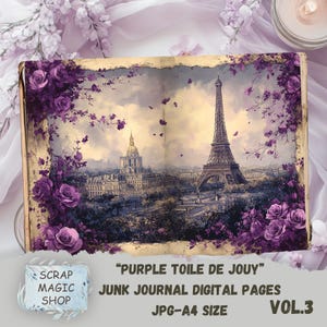 Toile de Jouy morado, kit de diario basura, descarga digital, hojas de collage, imprimibles vintage lilas, páginas de suministros para manualidades, papel para álbumes de recortes.