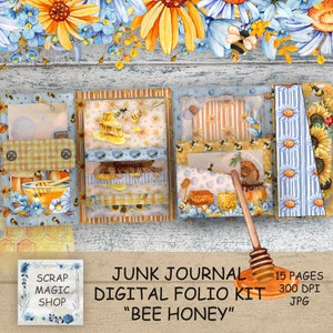 Kit folio journal Bee Junk, dossier chargé, imprimés miel, jaune, folio pliable, téléchargement immédiat, trois volets, album de coupures, pochettes éphémères.