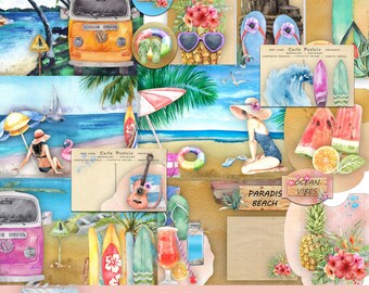 Diario de playa, hojas de collage, kit imprimible de diario de playa, verano, surf, vacaciones, palmeras, mar, descarga instantánea, suministros para diario