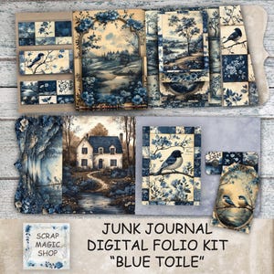 May include: A digital folio kit with a "Blue Toile" theme. The kit includes various journal pages and embellishments featuring blue and white floral and landscape designs, and images of birds. The text "Junk Journal Digital Folio Kit" is visible.