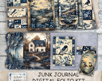Junk Journal Folio Kit, Vintage Loaded Folder, Blue Toile Printables, Folding Folio, Instant Download, Trifold, Scrap Paper, Digital Kit