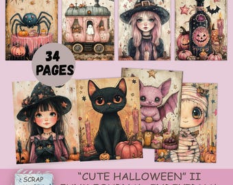 Rosa Halloween-skräpjournal, digitalt kit, häxsidor med små ephemera-motiv, direktnedladdning, nyckfulla utskrivbara material, collageark, sött hobbypapper