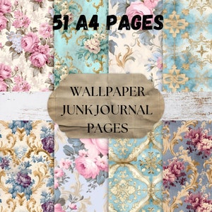 Può includere: Un set di 51 pagine di carta digitale stampabili in formato A4 con motivi floreali e damascati vintage in tonalità di blu, rosa, oro e crema. Le carte sono perfette per il junk journaling, lo scrapbooking, la creazione di biglietti e altri lavoretti di carta.
