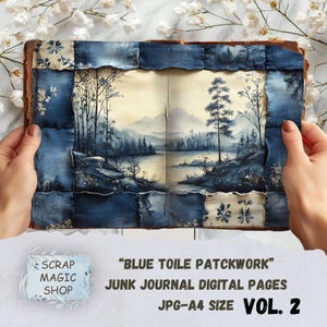 Blauwe toile de jouy-patchwork, junk-journaalkit, digitale download, collagevellen, vintage printables, pagina's ambachtelijke benodigdheden, plakboekpapier.