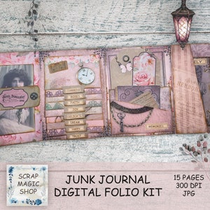 Kit Junk Journal Folio, Cartella Vintage Loaded, Rose stampabili, Fogli collage rosa, Download immediato, Trifold, Fatto a mano, Folio pieghevole.