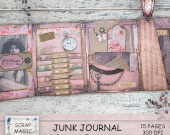 Junk Journal Folio Kit, Vintage Loaded Folder, Roses Printables, Pink Collage sheets, Instant Download, Trifold, Handmade, Folding Folio.
