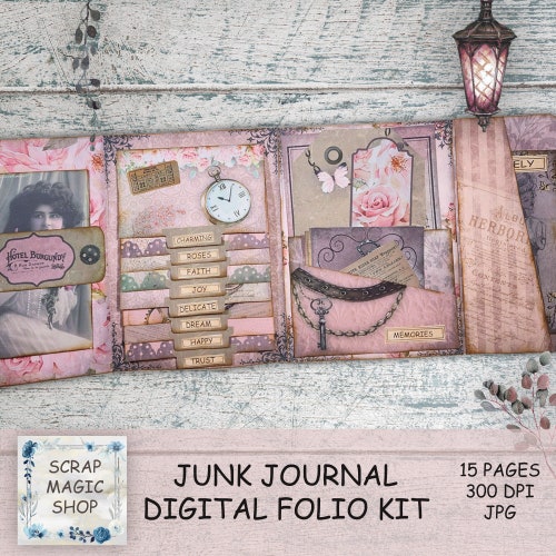 Kit folio de journal indésirable, dossier chargé vintage, roses imprimables, feuilles de collage roses, téléchargement immédiat, trois volets, fait main, pliage folio.