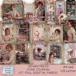 Diário de lixo de costura vintage, kit digital, costureira, download instantâneo, folhas de colagem para impressão, páginas efêmeras, suprimentos, álbum de recortes.