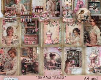 Vintage Sewing Junk Journal, digital kit, Seamstress, instant download, printable collage sheets, Ephemera pages, supplies, scrap book.