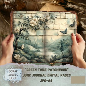 Patchwork di Toile de Jouy verde, kit per diario spazzatura, download digitale, fogli collage, stampe vintage, pagine shabby chic, carta per scrapbooking