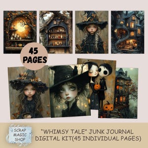 Może przedstawiać: Cyfrowy zestaw z ilustracjami o tematyce Halloween. Obrazy przedstawiają wiedźmę, parę i upiorne domy. Tekst brzmi "45 PAGES" i "WHIMSY TALE" JUNK JOURNAL DIGITAL KIT (45 INDIVIDUAL PAGES).