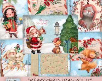 Merry Christmas Junk Journal, Digital Kit,  Printable Collage Sheets, December Daily, Whimsical pages, Cozy Winter, Instant Download.