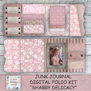 Shabby Chic Junk Journal Digital Folio Kit, Vintage Loaded Folder, Printables, Pink Collage sheets, Instant Download, Trifold, Folding Folio