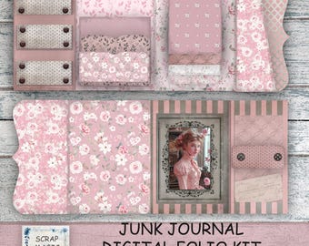 Shabby Chic Junk Journal Digital Folio Kit, Vintage Loaded Folder, Printables, Pink Collage sheets, Instant Download, Trifold, Folding Folio