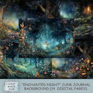 Può includere: Un collage digitale di 14 sfondi di foresta incantata per il junk journaling. Le immagini presentano una gamma di colori blu scuro e verde con luci brillanti, alberi e fiori. Il testo "ENCHANTED NIGHT" JUNK JOURNAL BACKGROUND (14 DIGITAL PAGES) è nella parte inferiore dell'immagine.