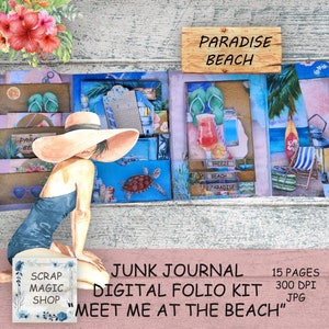 Kit de diario basura con temática de playa, carpeta con muchos elementos, imprimibles junto al mar, carpeta plegable, descarga instantánea, tríptico, kit completo, material efímero costero