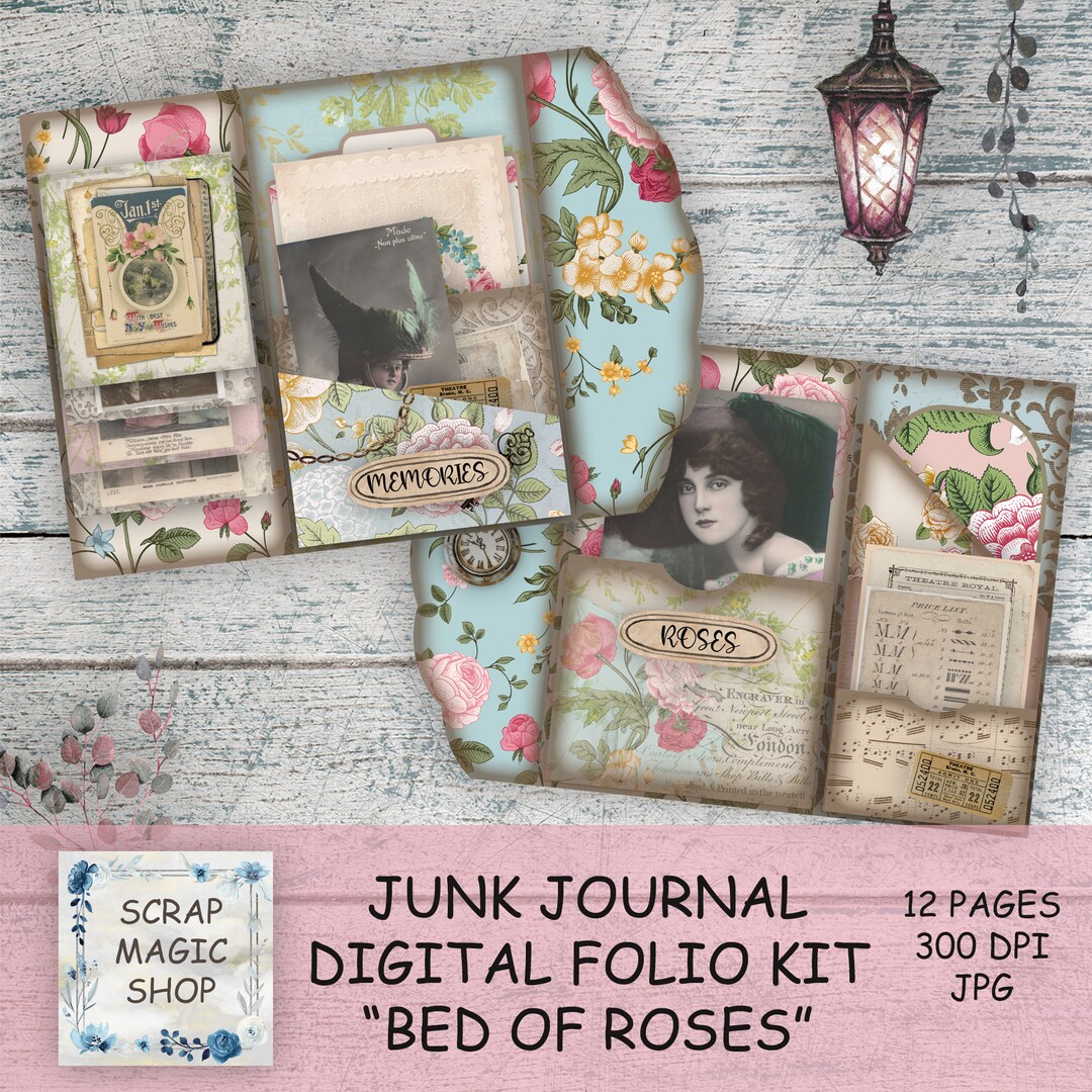 Junk Journal Folio Kit, Vintage Loaded Folder, Roses Printables, Pink ...