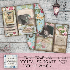 Junk Journal Folio Kit, Vintage Loaded Folder, Roses Printables, Pink Collage sheets, Digital Download, Trifold, Scrap Book, Folding Folio.