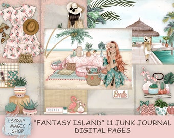Strand Junk Journal, Digital Kit, Insel, Paradies, Collage Blätter, Instant Download, Urlaub, Sommer, junkjournal Zubehör.