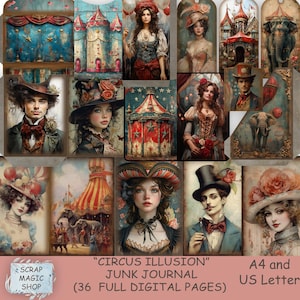 Vintage Circus Junk Journal, kit digital, descarga instantánea, hojas de collage imprimibles, páginas efímeras, suministros de revistas, álbum de recortes, carnibal