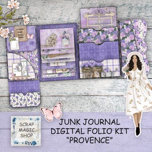 Kit de folio para diario basura, Provenza, carpeta cargada, imprimibles en color lila, hojas de collage, descarga instantánea, tríptico morado, folio plegable color lavanda.