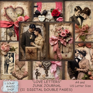 Vintage Love Letters Junk Journal, Kit Digital, Hojas de Collage, Descarga Instantánea, Ephemera de San Valentín, Suministros, Imprimibles, Páginas Romances.