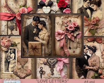 Vintage Love Letters Junk Journal, Digital Kit, Collage Sheets, Instant Download, Valentine Ephemera, Supplies, Printables, Romance Pages.