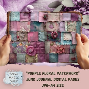 Kit de patchwork floral morado, Junk Journal, descarga digital, hojas de collage, imprimibles vintage en lila, páginas de suministros para manualidades, papel para álbumes de recortes