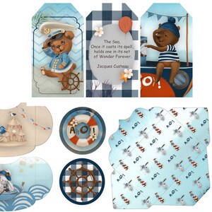 Puede incluir: Un conjunto de etiquetas de regalo imprimibles de tem&aacute;tica n&aacute;utica con un oso que lleva un gorro de marinero y una cita de Jacques Cousteau. Las etiquetas est&aacute;n decoradas con rayas azules y blancas, anclas y un salvavidas.