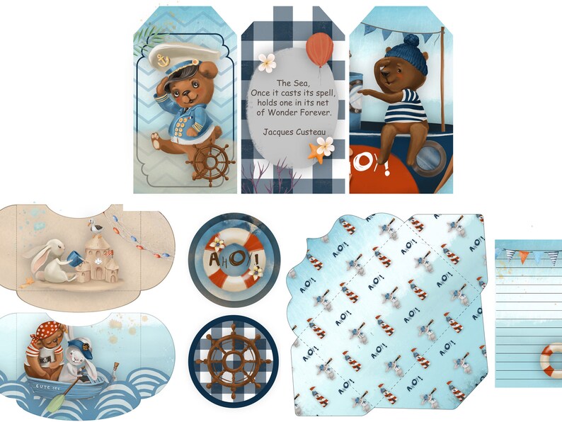 Puede incluir: Un conjunto de etiquetas de regalo imprimibles de tem&aacute;tica n&aacute;utica con un oso que lleva un gorro de marinero y una cita de Jacques Cousteau. Las etiquetas est&aacute;n decoradas con rayas azules y blancas, anclas y un salvavidas.