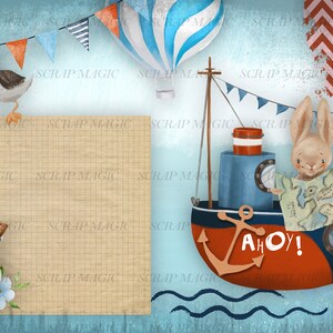 Puede incluir: Un barco de juguete azul y rojo con un ancla blanca y la palabra "Ahoy!" en el lateral. Un conejo marr&oacute;n con un mapa est&aacute; sentado en el barco. Un globo aerost&aacute;tico azul y blanco est&aacute; en el fondo.