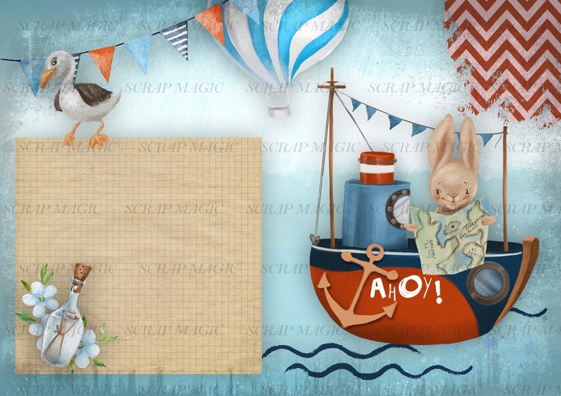 Puede incluir: Un barco de juguete azul y rojo con un ancla blanca y la palabra "Ahoy!" en el lateral. Un conejo marr&oacute;n con un mapa est&aacute; sentado en el barco. Un globo aerost&aacute;tico azul y blanco est&aacute; en el fondo.